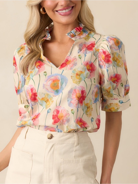 entro Tops - Entro Ecru Beige Floral Print Cotton Short Sleeve Top Women’s Size Small